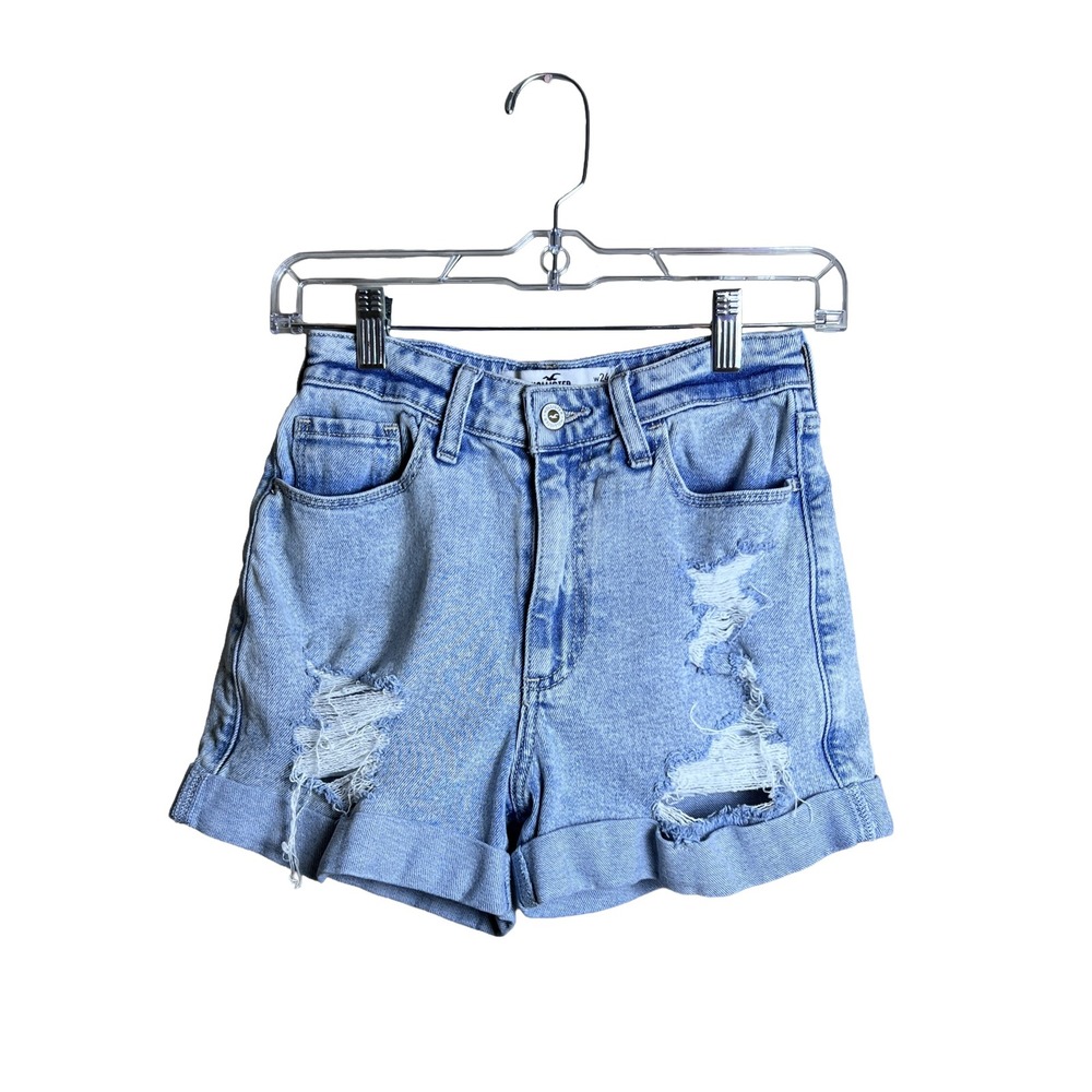 Hollister Curvy Ultra High-Rise Mom Shorts Women's 0 W24 Blue Distressed Denim